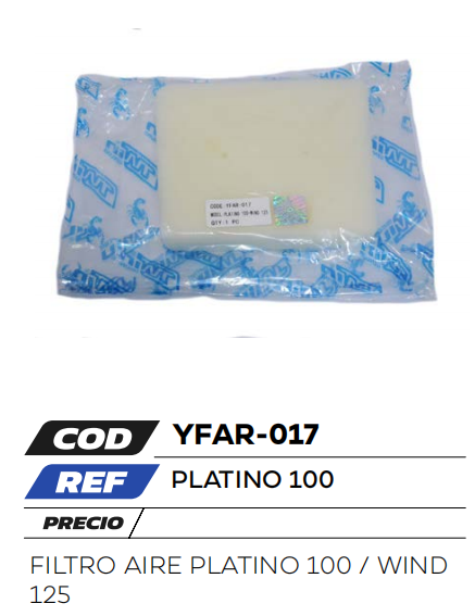 FILTRO AIRE B PLATINO 100/WIND (ESPUMA)